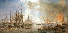 Peinture montrant des navires de ligne à voile et des navires à vapeur plus petits. Plusieurs chaloupes débarquent des soldats sur un rivage rocheux au premier plan tandis que d'immenses explosions sont visibles sur une île à l'horizon