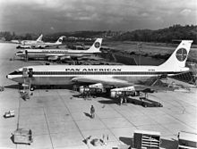 Pan Am introduced the 707-120 on October 26, 1958. Three Pan Am Boeing 707 awaiting delivery.jpg
