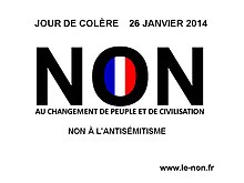 Camus's tract for his 2014 "day of anger" demonstration against the "great replacement": "No to the change of people and of civilization, no to antisemitism" Tract du NON pour Jour de colere.jpg