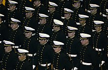 USNA Midshipmen in parade dress (2003) US Navy 031121-N-9693M-001 U.S. Naval Academy Midshipmen stand at parade-rest.jpg