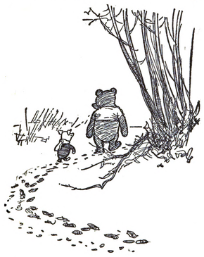 Piglet and Pooh go in circles hunting a Woozle--but the tracks they follow are merely their own. Winnie-the-Pooh 51.png