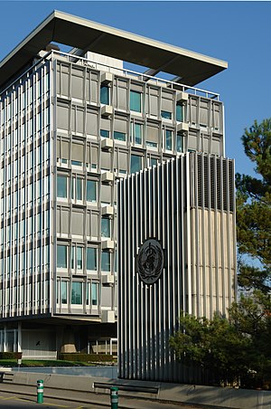 World Health Organisation headquarters and logo