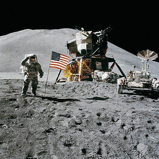 Apollo 15 flag, rover, LM, Irwin