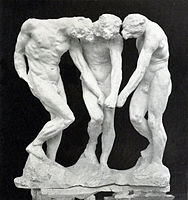 Auguste Rodin, As tres sombras, antes de 1886, plaster, Rodin ensa,blou tres figuras idénticas para que parecesen xirar sobre o mesmo punto.[18]