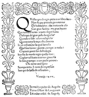 TITLE-PAGE OF A FOLIO KALENDARIO BY JOANNE DE MONTE REGIO, PRINTED AT VENICE IN 1476 (much reduced)