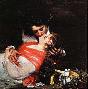 Le Baiser (1868), palais des Beaux-Arts de Lille. Autoportrait de l'artiste avec sa femme en nouveaux mariés.