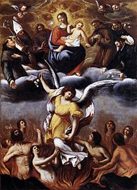 Image of a fiery purgatory by Ludovico Carracci. Top: Christ directing, with Mary and interceding saints. Middle: Angel showing a soul the intercessors. Bottom: souls being purged with various attitudes. Carracci-Purgatory.jpg