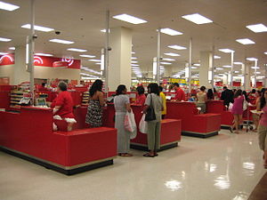 This is a row of Cash Registers at a Target st...