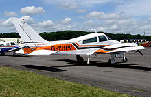 1968 Cessna 310N, with underwing engine exhaust system and showing the engine nacelle baggage compartment introduced with the 310I Cessna.310n.g-yhpv.arp.jpg