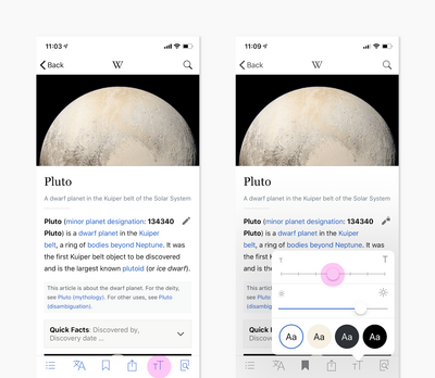 Two screenshots from the iOS app of the article Pluto. On the left, the reading preferences option is highlighted in the toolbar. On the right, the reading preferences are open, with a highlight on the font-size slider.