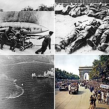 Clockwise from top left: Germany's V-2 rocket, aftermath of the Wola massacre in Poland, liberation of Paris, battle of the Philippine Sea Collage of 1944 World War II images for timeline.jpg