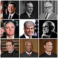 Collage of nine American conservatives: Ronald Reagan, Calvin Coolidge, Barry Goldwater, William F. Buckley Jr., Jack Kemp, Milton Friedman, Antonin Scalia, Clarence Thomas, Samuel Alito