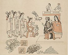Hernan Cortes and La Malinche meet Moctezuma II in Tenochtitlan, 8 November 1519. Cortez & La Malinche.jpg