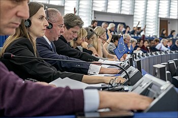 The EU has 24 languages it translates and operates within. The image shows MEPs adopting their position on the 2020 EU budget through translator communication. EU investment budget for 2020 A boost for the climate (48947579868).jpg