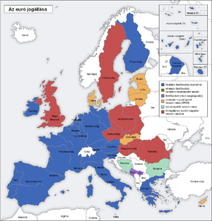 map of Europe; blue: Eurozone, green: monetary...
