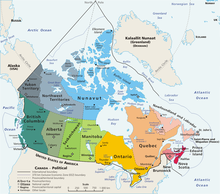 An enlargeable map of Canada, showing its ten provinces and three territories. Geopolitical map of Canada.png