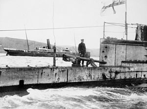 Lt-Cmdr D de B Stocks on deck after a mission in the Dardanelles, circa. August 1915