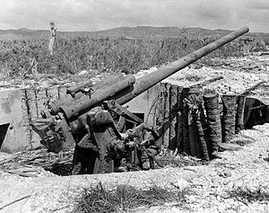 120mm kanón v pozemní jednohlavňové lafetaci ukořistěný na kopci východně od letiště na poloostrově Orote, Guam, říjen 1944