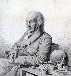 Gravure, Blumenbach assis, pensif, un crâne à côté de lui.