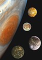 Image 7A composite montage comparing Jupiter (lefthand side) and its four Galilean moons (top to bottom: Io, Europa, Ganymede, Callisto). (from History of physics)