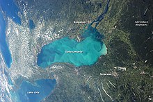 An aerial view of a whiting event precipitation cloud in Lake Ontario. Lake Ontario Whiting NASA Satellite Image.jpg