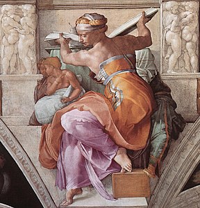 Image à fresque d'une scène dans un cadre antique représentant une femme dos nu, bras musclés, dans l'acte de se lever, soulevant un livre. En arrière plan deux putti se regardent.