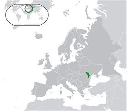 यूरोप में मोल्दोवा के क्षेत्र को (हरा रंग) और उसके ट्रांसनिस्ट्रिया के अनियंत्रित क्षेत्र को (हल्का हरा रंग) में दर्शाया गया है।
