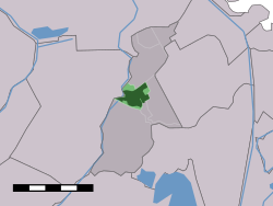 The town centre (dark green) and the municipal boundaries (light green) of Ouderkerk aan de Amstel in the municipality of Ouder-Amstel.