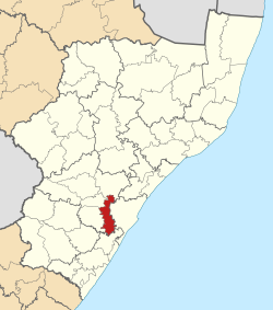 Kaart van Suid-Afrika wat Mkhambathini in KwaZulu-Natal aandui
