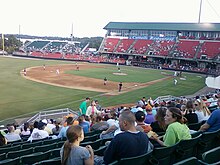 A 2011 Double-A game between the Montgomery Biscuits and Carolina Mudcats at Five County Stadium in Zebulon, North Carolina in August 2011 Mudcats-Biscuits at Five County Stadium.jpg