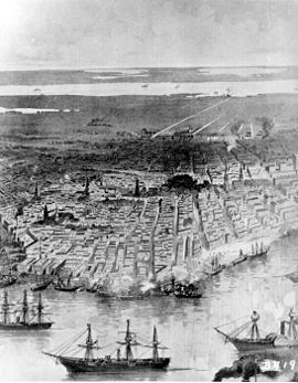 Panoramabillede af New Orleans. Unionsflåden ligger for anker i floden, ca. 1862