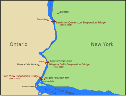 A river cuts the land into New York (east) and Ontario (west).  Three bridges spans the river at different points.