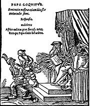 Woodcuts (1545) known as the Papstspotbilder or Depictions of the Papacy in English, by Lucas Cranach, commissioned by Martin Luther. Title: Kissing the Pope's Feet. German peasants respond to a papal bull of Pope Paul III. Caption reads: "Don't frighten us Pope, with your ban, and don't be such a furious man. Otherwise we shall turn around and show you our rears." Papal Belvedere High Res.jpg