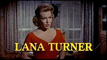 Woman in red dress with name "Lana Turner" below