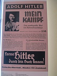 Poster promoting Hitler's Mein Kampf in 2 paperback volumes for 2.85 Rentenmarks each Poster of Mein Kampf in Villa Wannsee.jpg