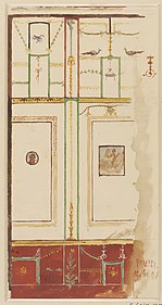 Preliminary study of painted wall-decoration in the House of the Tragic Poet in Pompeii (2) watercolor by Luigi Bazzani.jpg