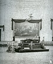 Garfield's casket lying in state in the United States House of Representatives chamber, where he had been a member prior to becoming president President Garfield Lying in State (9192465661).jpg