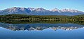 The Trident Range reflected in Pyramid Lake. Left to rightː The Whistlers, Indian Ridge, Muhigan Mountain.