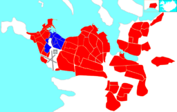 Miðborg markerat i blått på en karta över Reykjavik.