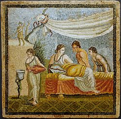 Romantic scene from a mosaic (Villa at Centocelle, Rome, 20 BC-20 AD) Roman mosaic- Love Scene - Centocelle - Rome - KHM - Vienna.jpg