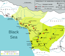 Carte anglophone de la Mingrékie, représentant l'ouest de la Géorgie et l'est de la Mer Noire.