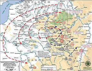 Диаграмма, показывающая общую идею плана Шлиффена 1905 года (отличного от применённого в 1914 году): обозначены линии наступления армий, а также различные оборонительные сооружения Германии (красный), и Франции с Бельгией (синий).