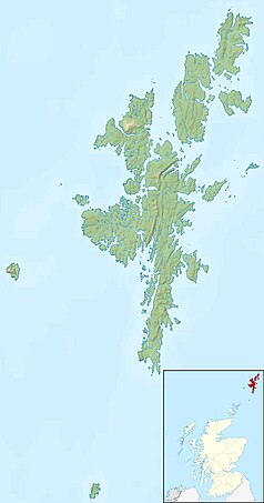 Mapa konturowa Szetlandów, blisko górnej krawiędzi po prawej znajduje się punkt z opisem „Unst”