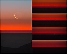 The atmosphere refracts the image of a waxing crescent Moon as it sets into the horizon. The Swimming Moon.jpg