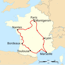 Map of France with the route of the 1903 Tour de France