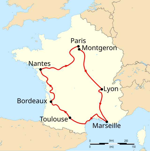 Map of France with the route of the 1904 Tour de France