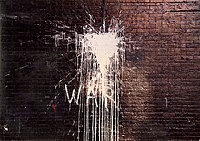 Early Street art by Jacek Tylicki, Lower East Side, New York City (1982) Tylicki street art war graffiti New York 1982.jpg