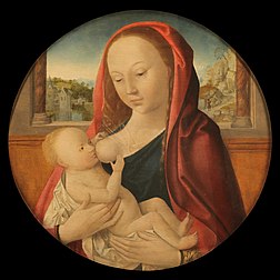 « La Vierge allaitant l'Enfant », attribué à Robert Campin ; actuellement au Musée des beaux-arts de Lyon (France). (définition réelle 3 200 × 3 200)