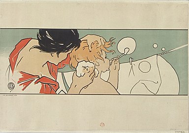 Affiche montrant une femme lavant les cheveux d'un enfant.