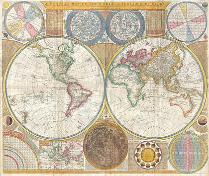 Mapa-múndi elaborado por Samuel Dunn datado de 1794, que inclui os hemisférios oriental e ocidental, assim como um mapa do Sistema Solar e um mapa lunar, entre outros. Samuel Dunn (1723–1794) foi um matemático, professor, cartógrafo e astrônomo amador britânico. (definição 6 000 × 5 054)